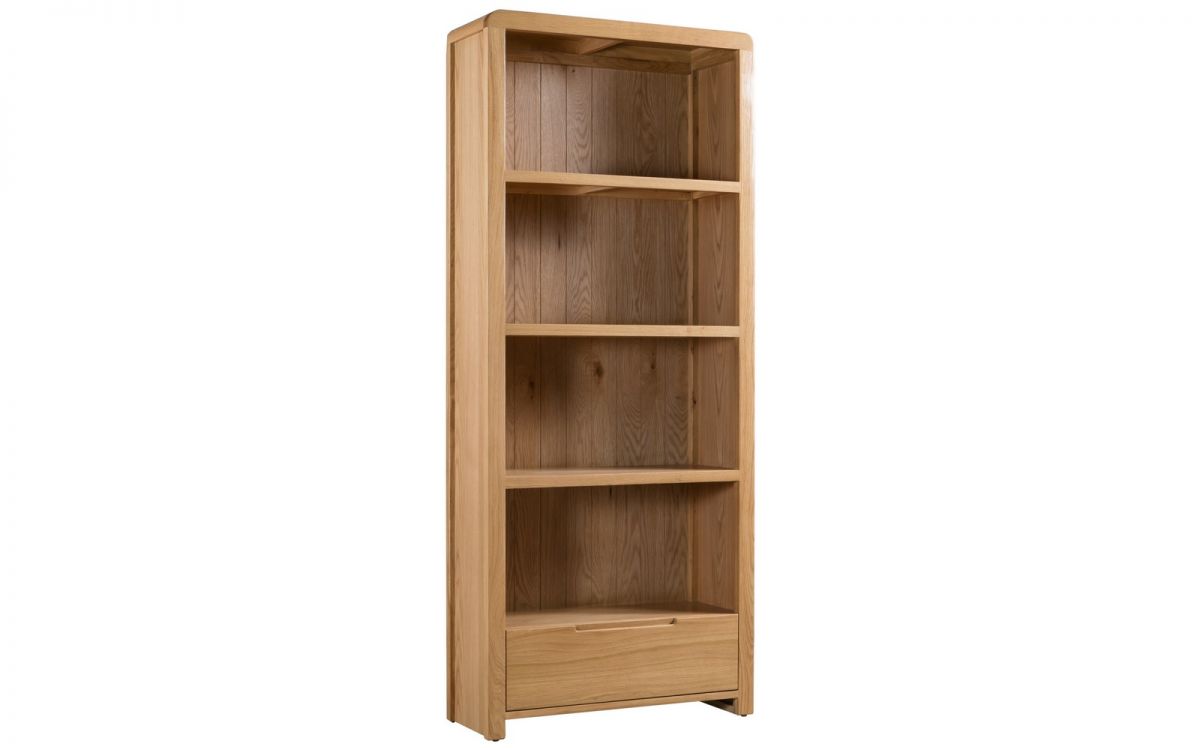 Curve Oak Natural Lacquered Tall Bookcase with Drawer
