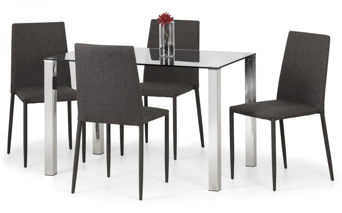 Enzo Chrome & Glass Compact Dining Table + 4 Jazz Slate Grey Chairs Set