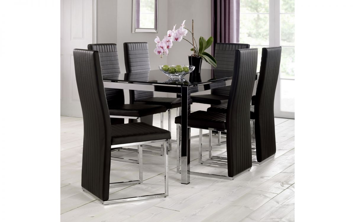 Tempo Black Glass Dining Table + 6 Tempo Chairs Set